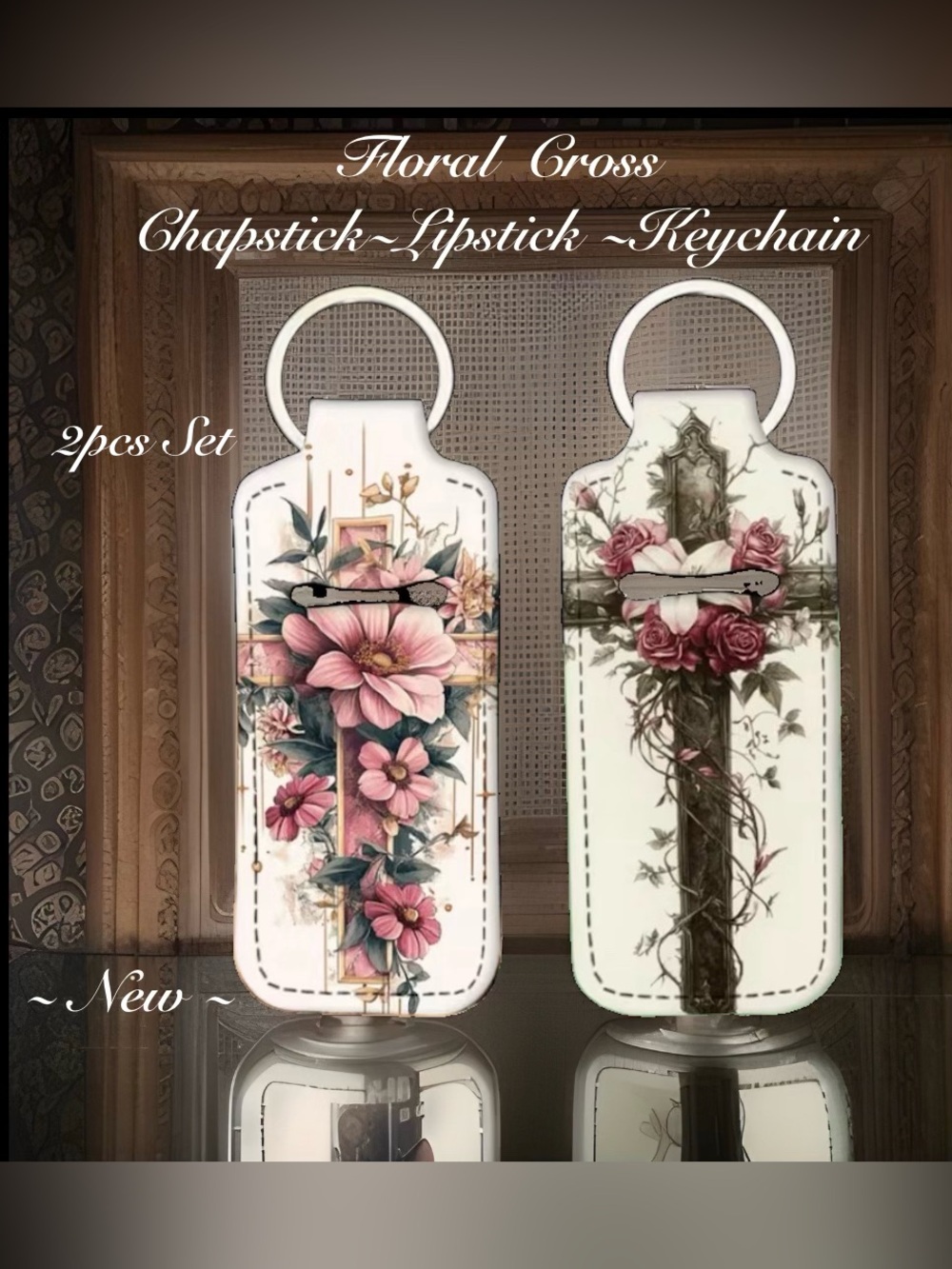Floral Cross Chapstick Lipstick Keychain Set - in Pink Floral ~New~